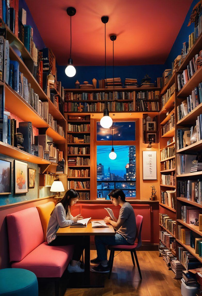 A vibrant and whimsical scene depicting a couple reading manga in a cozy cafe filled with colorful bookshelves and playful, surreal artwork on the walls. Their surroundings blend elements of fantasy and reality, with lively characters from various manga genres coming to life around them, creating a joyful atmosphere. The lighting is warm and inviting, enhancing the sense of escapism. super-realistic. vibrant colors. cozy ambiance.