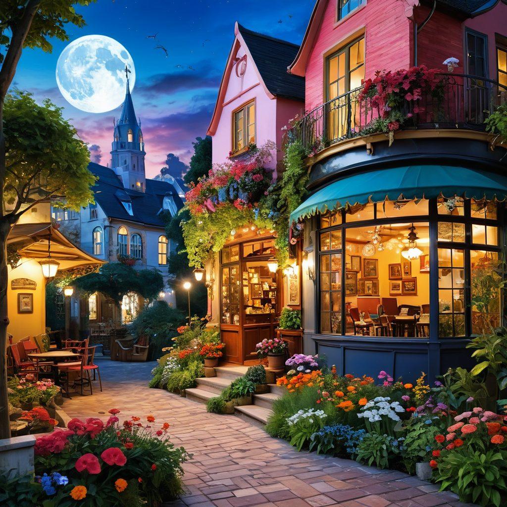 A whimsical landscape featuring vibrant and fantastical scenes inspired by adult comics and manga, showcasing diverse characters enjoying playful romances in unique, niche settings. Include a cozy café adorned with comic book art, lush gardens with oversized flowers, and fantastical creatures making connections. The atmosphere should be lively and colorful, reflecting joy and escapism. super-realistic. vibrant colors. whimsical style.