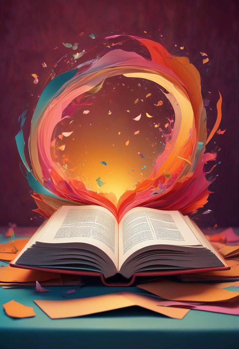 A whimsical scene featuring an open book surrounded by floating pages, each illustrating a vivid sensual narrative in graphic style. Soft, warm colors penetrate the atmosphere, evoking a feeling of joy and discovery. In the background, abstract shapes represent emotions and stories intertwining in a celebratory manner. The setting is cozy, inviting readers to dive deep into the narratives. vibrant colors. 3D. whimsical art.